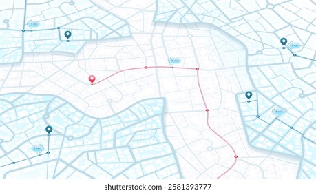 Isometric Gps map navigation to markers. Abstract transportation background. Track navigation pins on street maps, position pin. City in isometric view. Vector illustration