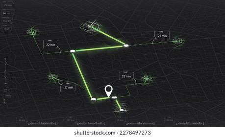 Isometric Gps map navigation to own house. Garish vector illustration of roadmap. View from above the map buildings. Decorative graphic tourist map. Abstract transportation background.