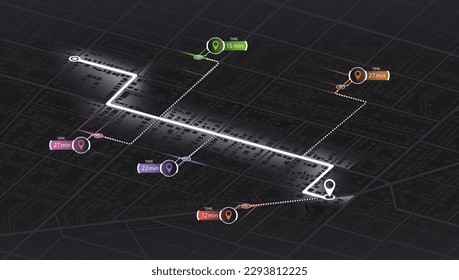 Isometric Gps map navigation to own house. City top view. View from above the map buildings. Detailed view of city. Decorative graphic tourist map. Abstract transportation background. Vector