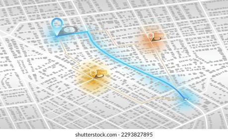 Gps isométricos mapean la navegación a casa propia. Vista superior de la ciudad. Vista desde arriba de los edificios del mapa. Vista detallada de la ciudad. Mapa turístico gráfico decorativo. Resumen de los antecedentes del transporte. Vector