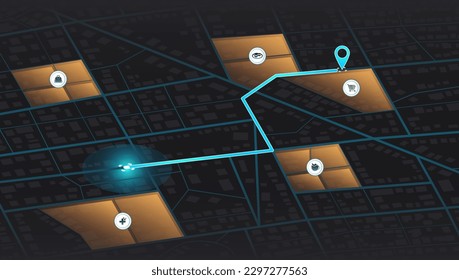 Isometric Gps map navigation to own house and shops. City top view. View from above the map buildings. Detailed view of city. Decorative graphic tourist map. Abstract transportation background. Vector