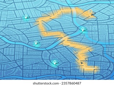 Isometric Gps map navigation to own house. City top view. View from above the map. Detailed view of city. Decorative graphic tourist map. Abstract transportation background. Vector, illustration.