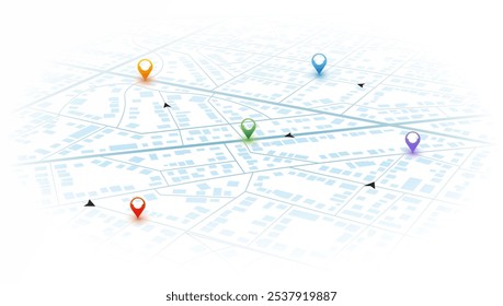 O Gps isométrico mapeia a navegação para seu próprio pin. Vista superior da cidade. Resumo do transporte. Rastrear pinos de navegação em mapas de rua, pin de posição. Ilustração vetorial