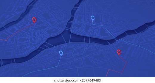 Isometric Gps map navigation to own pin. Abstract transportation background. Track navigation pins on street maps, position pin. City top view. Vector illustration