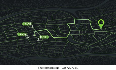 Navegación de mapa Gps isométrica a destino. Vista superior de la ciudad. Vista desde arriba del mapa. La ubicación realiza un seguimiento de los giros de la ruta de acceso del panel y la etiqueta de destino. Resumen de los antecedentes del transporte. Vector, ilustración.