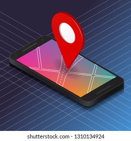 Isometric GPS mobile navigation. Smartphone with map. Vector illustration.