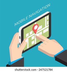 Isometric GPS mobile navigation with tablet.  Man holding a tablet