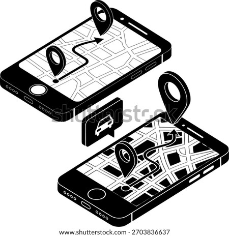 Isometric GPS Navigation App on Smartphone Screen Icon Set