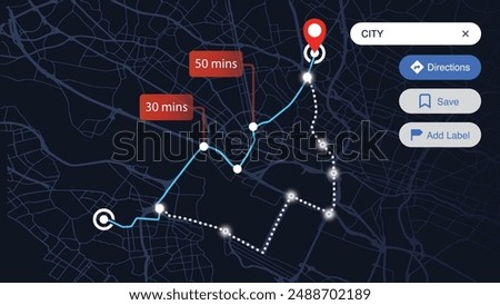 Isometric GPS Navigation. City and Country Map Tracking. Smartphone Mobile Map App Navigation. Driving Route Dashboard GPS Tracking. Vector Illustration