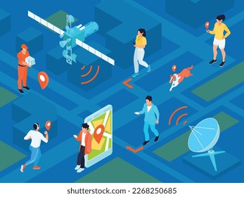 Isometric gps navigation composition with polygonal view of human characters following routes and satellite infrastructure elements vector illustration