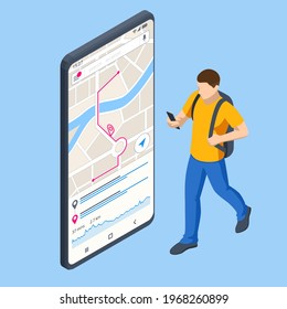 Isometric gps navigation concept. Tourist traveling using his smartphone with previously saved favorite places on map. City map route navigation smartphone, phone point marker.
