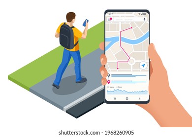 Isometric gps navigation concept. Tourist traveling using his smartphone with previously saved favorite places on map. City map route navigation smartphone, phone point marker.