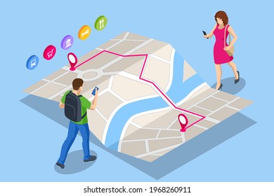 Isometrisches GPS-Navigationskonzept. Tourist reisen mit seinem Smartphone mit zuvor gespeicherten Lieblingsplätzen auf der Karte. City Map Route Navigation Smartphone, Telefonpunktzahl.
