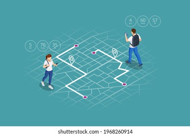 Isometric gps navigation concept. Tourist traveling using his smartphone with previously saved favorite places on map. City map route navigation smartphone, phone point marker.