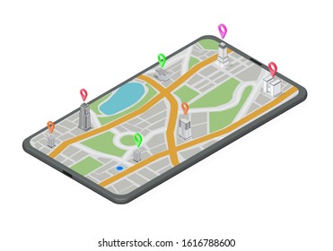isometric GPS Navigation Concept. Gps Tracking Map. Track Navigation on Street Maps, Navigate Mapping Technology.