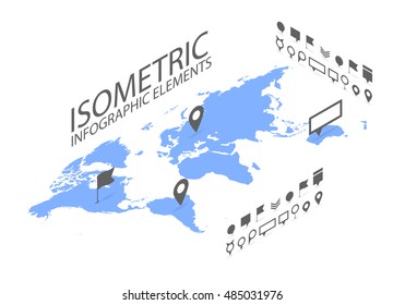 Isometric GPS Navigation Concept, World Map Application And Marker Pin Pointer, Vector