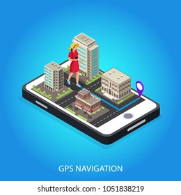 Isometric GPS navigation conceptual template with woman walking around city to travel destination on mobile phone isolated vector illustration
