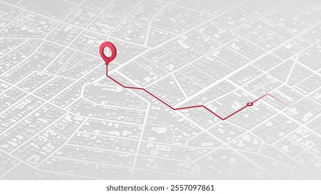 Isometric GPS navigation map with location pin for tracking. Abstract map visualization street navigation, pin pointing positions with accuracy. Concept of route tracking, vector illustration