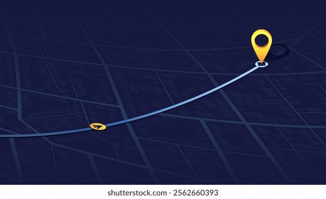 Isometric GPS navigation map with location pin for tracking. Abstract map visualization street navigation, pin pointing positions with accuracy. Concept of route tracking, vector illustration