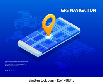 Isometric GPS navigation in the phone with a red pointer. Vector illustration on blue background
