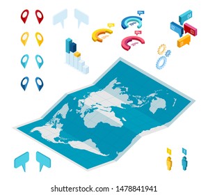 Isometric GPS navigation in the phone with a red pointer. Gps tracking map. Track navigation pins on street maps, navigate mapping technology and locate position pin.