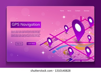 Isometric GPS online map. City navigation system. Vector landing page.