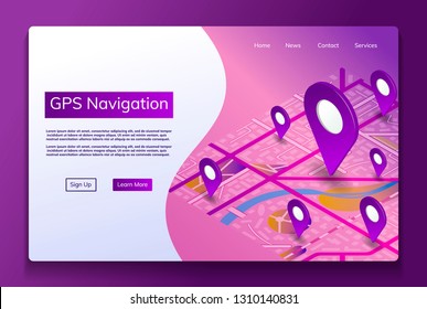 Isometric GPS online map. City navigation system. Vector landing page.