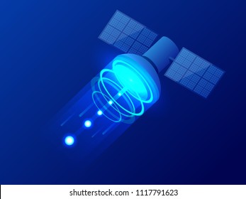 Isometric GPS satellite. Wireless satellite technology. World global net. Equipment for satellite TV and radio broadcasting. Vector illustration