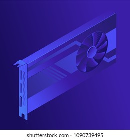 Isometric GPU mining concept. Mining crypto currency, mining server, video card farm, data processing unit equipment on ultraviolet background. Vector 3d isometric illustration