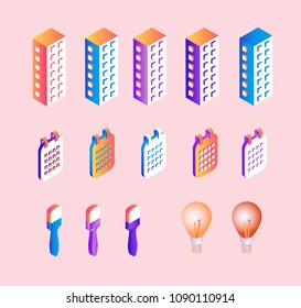 Isometric gradient business elements set of multistorey office buildings, flip-flop calendars and abstract concepts of idea and creation - light bulbs and brushes. Isolated vector illustration.