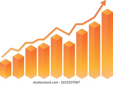 Isometric gradient orange Business graph. The arrow standing for stock index increase or business development in the financial world graph indicate upward trend over transparent background