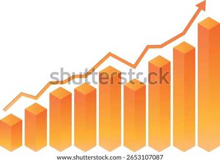 Isometric gradient orange Business graph. The arrow standing for stock index increase or business development in the financial world graph indicate upward trend over transparent background