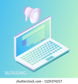 Isometric gradiented laptop with opened web site and megaphone for blogging or marketing concept. Notebook computer with blog post or news article on gradient background.