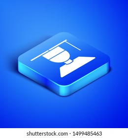 Isometric Graduate and graduation cap icon isolated on blue background. Blue square button. Vector Illustration