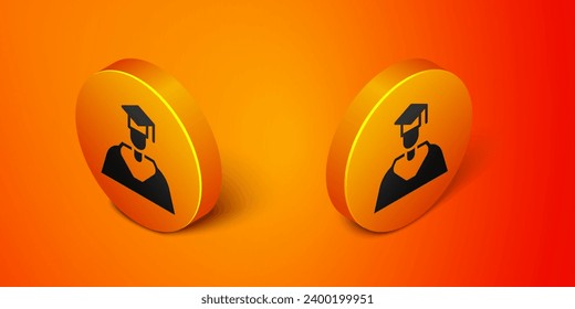 Isometric Graduate and graduation cap icon isolated on orange background. Orange circle button. Vector
