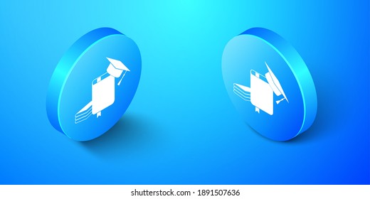 Isometric Graduation cap and book icon isolated on blue background. Blue circle button. Vector.