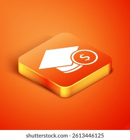 Isometric Graduation cap and coin icon isolated on orange background. Education and money. Concept of scholarship cost or loan, tuition or study fee. Vector