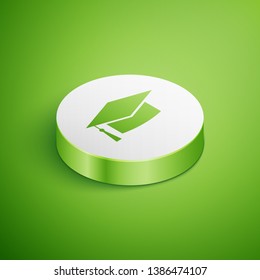 Isometric Graduation cap icon isolated on green background. Graduation hat with tassel icon. White circle button. Vector Illustration