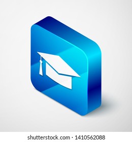 Isometric Graduation cap icon isolated on white background. Graduation hat with tassel icon. Blue square button. Vector Illustration