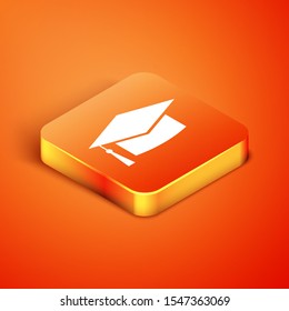Isometric Graduation cap icon isolated on orange background. Graduation hat with tassel icon.  Vector Illustration