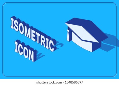 Isometric Graduation cap icon isolated on blue background. Graduation hat with tassel icon.  Vector Illustration