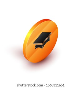 Isometric Graduation cap icon isolated on white background. Graduation hat with tassel icon. Orange circle button. Vector Illustration