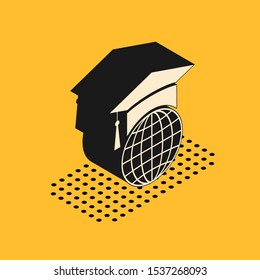 Isometric Graduation cap on globe icon isolated on yellow background. World education symbol. Online learning or e-learning concept.  Vector Illustration