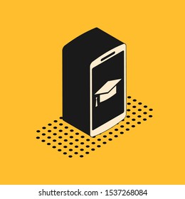 Isometric Graduation cap on screen smartphone icon isolated on yellow background. Online learning or e-learning concept.  Vector Illustration