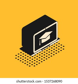 Isometric Graduation cap on screen laptop icon isolated on yellow background. Online learning or e-learning concept.  Vector Illustration