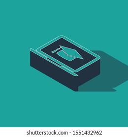 Isometric Graduation cap on screen laptop icon isolated on green background. Online learning or e-learning concept.  Vector Illustration