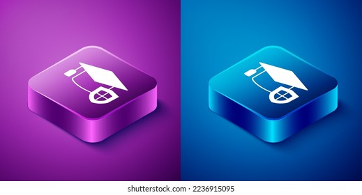 Isometric Graduation cap with shield icon isolated on blue and purple background. Insurance concept. Security, safety, protection, protect concept. Square button. Vector