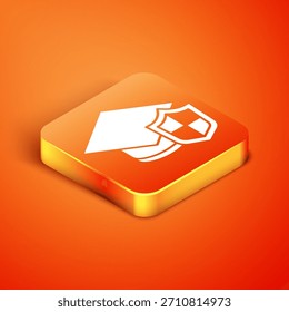 Capa de graduação isométrica com ícone de escudo isolado no plano de fundo laranja. Conceito de seguro. Segurança, segurança, proteção, conceito de proteção.  Vetor