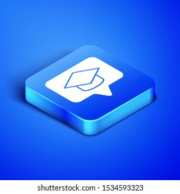 Isometric Graduation cap in speech bubble icon isolated on blue background. Graduation hat with tassel icon. Blue square button. Vector Illustration