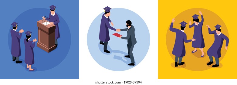 Isometric graduation design concept with round compositions of teachers and students in suits and academic hats vector illustration